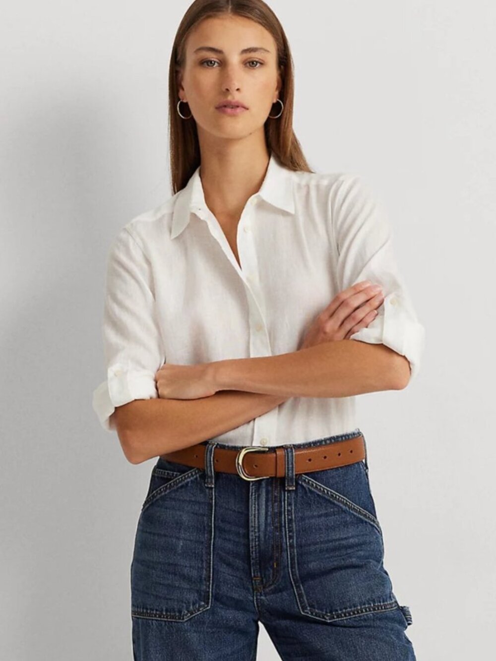 Lauren Ralph Lauren Button Up Shirt Womens L White Linen Roll Tab Sleeve $125